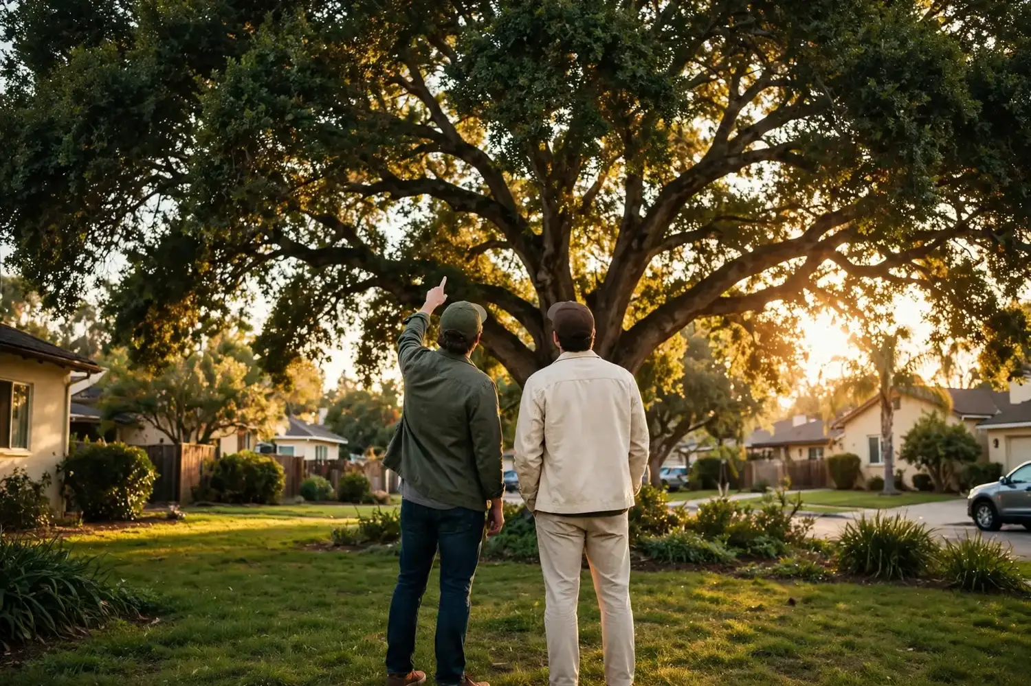 A consultation on a lawn, looking up into a large shade tree