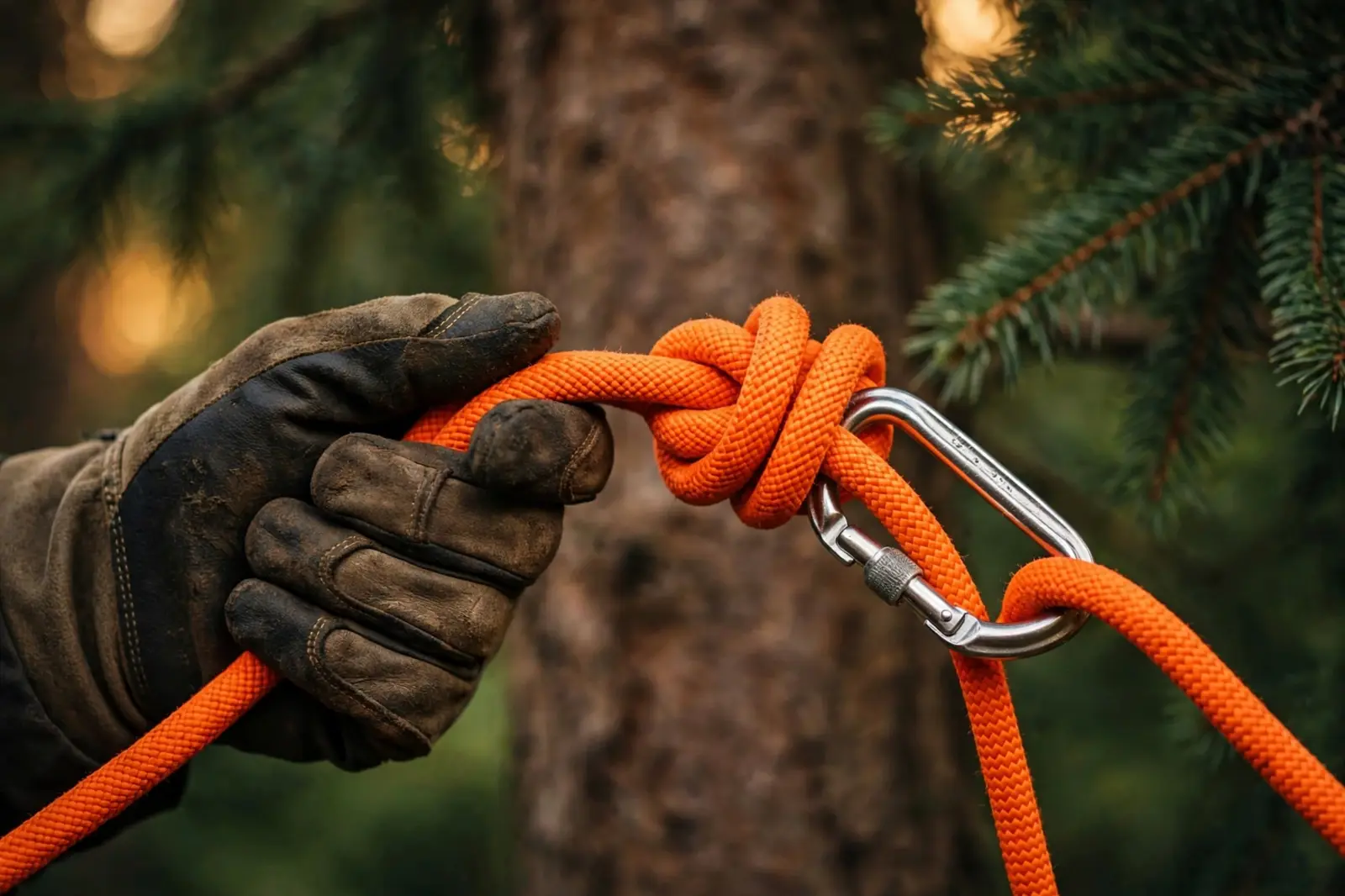 A gloved hand on an orange climbing rope with a figure-eight knot and carabiner